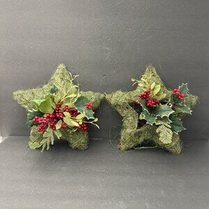 Rustic Christmas Star Wreaths With Artificial Holly & Berries Set Of 2 Farmhouse